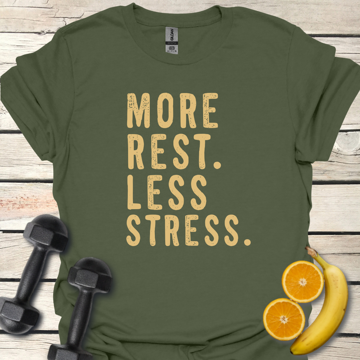 More Rest Less Stress T-Shirt – Recovery Day Tee 40+