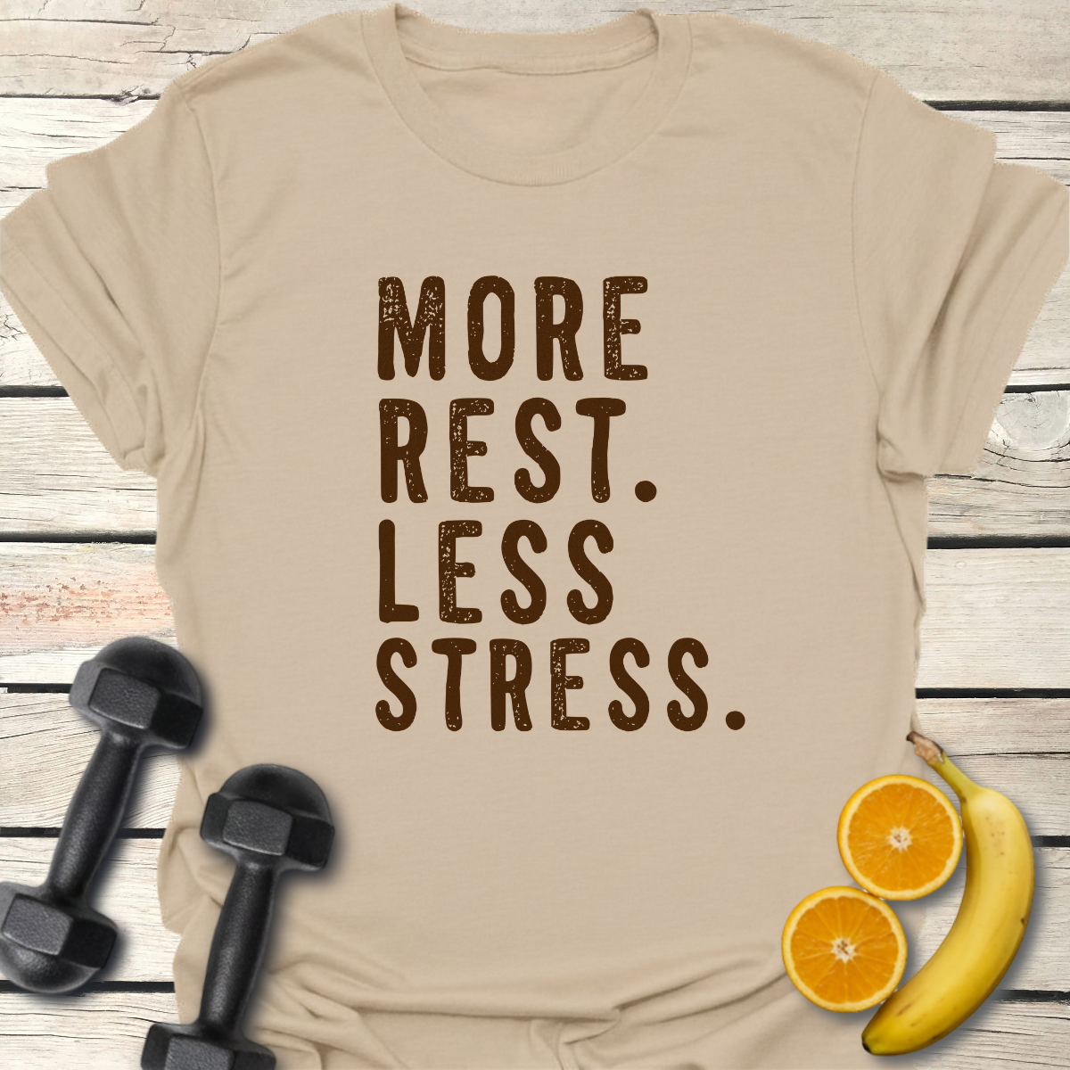 More Rest Less Stress T-Shirt – Recovery Day Tee 40+