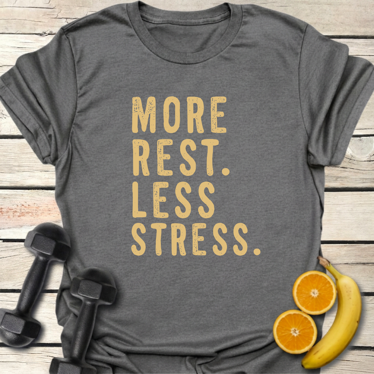 More Rest Less Stress T-Shirt – Recovery Day Tee 40+